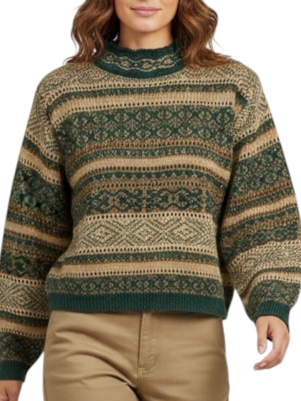 LIZ SPORT Cropped Mock Neck Sweater Green/Tan w/ Shiny Gold Weaved Sise Medium